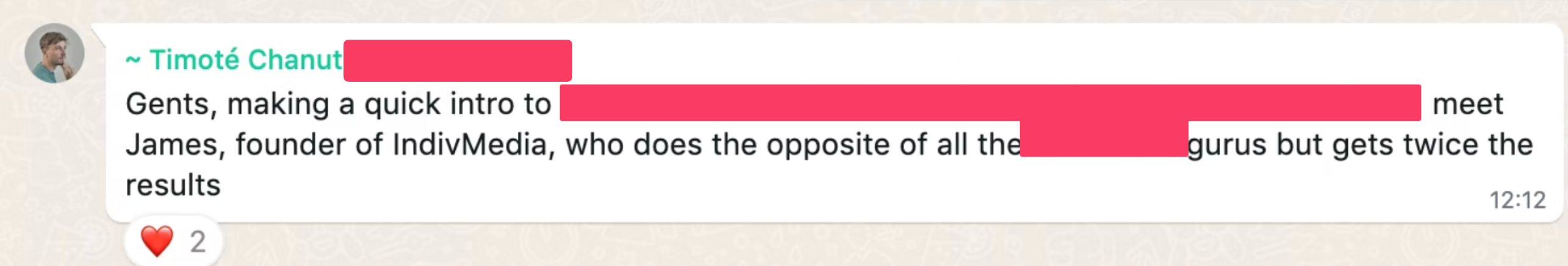 Tim introducing James to his network on WhatsApp